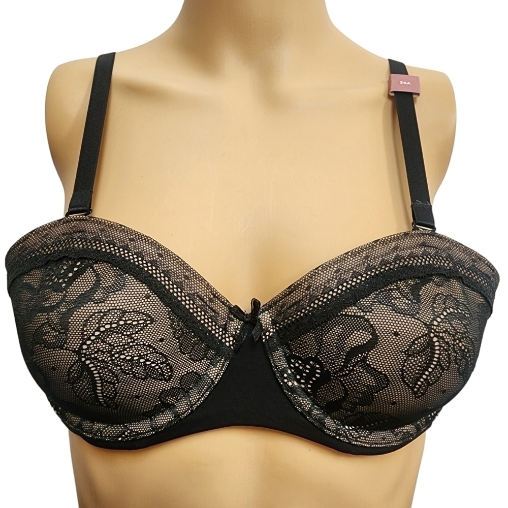 Cacique 34A Lightly Lined Multi-Way Strapless Bra with Lace - Black - NWT
